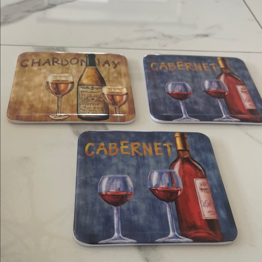 Wine Bottle & Glass Ceramic Coaster Set - Blue and Tan
